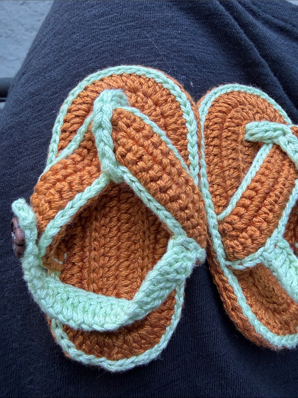 Hand-Crocheted Flip Flop Sandals in Rust and Mint